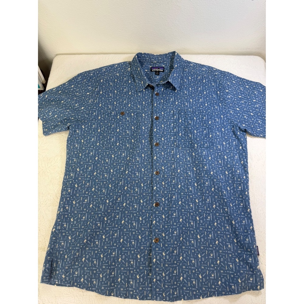 Patagonia Mens XL Blue Retro AOP Hemp Organic Cotton Button Down Shirt